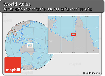 Gray Location Map of the Area around 15° 58' 32" S, 141° 10' 30" E