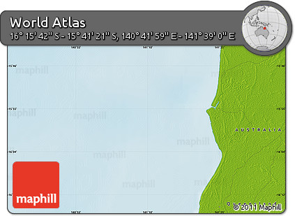Physical Map of the Area around 15° 58' 32" S, 141° 10' 30" E
