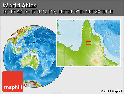 Physical Location Map of the Area around 15° 58' 32" S, 142° 52' 30" E