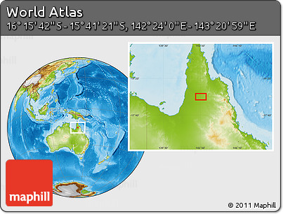 Physical Location Map of the Area around 15° 58' 32" S, 142° 52' 30" E