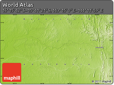 Physical Map of the Area around 15° 58' 32" S, 143° 43' 29" E