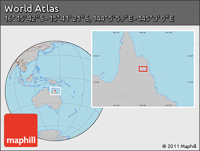 Gray Location Map of the Area around 15° 58' 32" S, 144° 34' 29" E