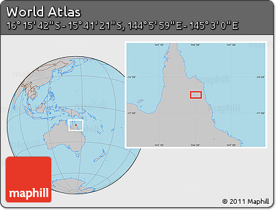Gray Location Map of the Area around 15° 58' 32" S, 144° 34' 29" E