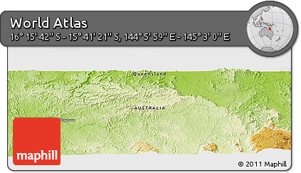 Physical Panoramic Map of the Area around 15° 58' 32" S, 144° 34' 29" E