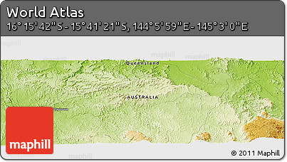 Physical Panoramic Map of the Area around 15° 58' 32" S, 144° 34' 29" E