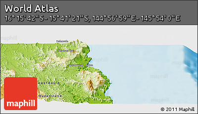 Physical Panoramic Map of the Area around 15° 58' 32" S, 145° 25' 30" E