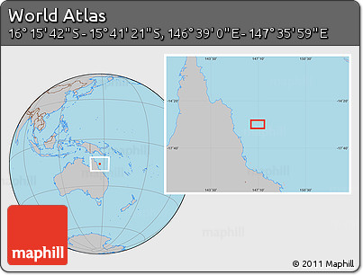 Gray Location Map of the Area around 15° 58' 32" S, 147° 7' 30" E
