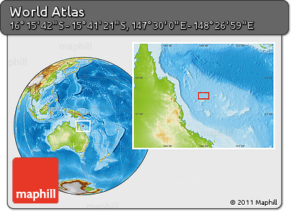 Physical Location Map of the Area around 15° 58' 32" S, 147° 58' 29" E