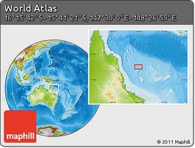 Physical Location Map of the Area around 15° 58' 32" S, 147° 58' 29" E
