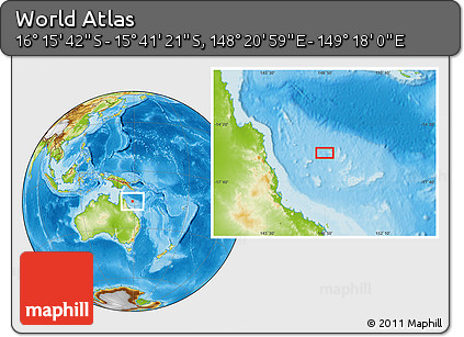 Physical Location Map of the Area around 15° 58' 32" S, 148° 49' 29" E