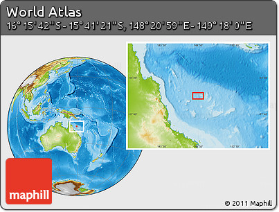 Physical Location Map of the Area around 15° 58' 32" S, 148° 49' 29" E