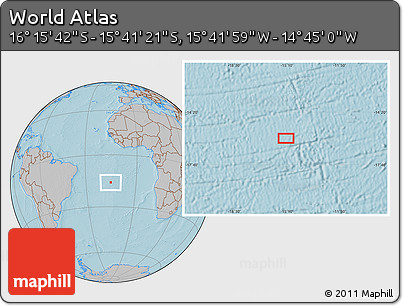 Gray Location Map of the Area around 15° 58' 32" S, 15° 13' 29" W, hill shading