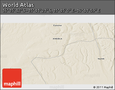 Shaded Relief 3D Map of the Area around 15° 58' 32" S, 16° 13' 30" E