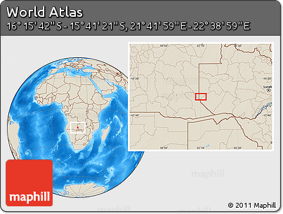 Shaded Relief Location Map of the Area around 15° 58' 32" S, 22° 10' 29" E