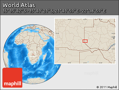 Shaded Relief Location Map of the Area around 15° 58' 32" S, 22° 10' 29" E