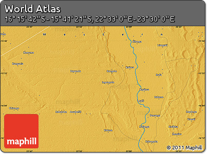 Physical Map of the Area around 15° 58' 32" S, 23° 1' 29" E