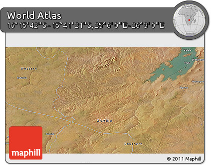 Satellite 3D Map of the Area around 15° 58' 32" S, 25° 34' 30" E