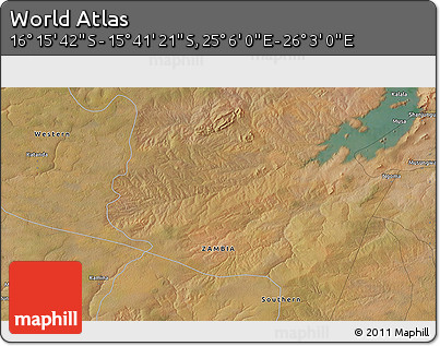 Satellite 3D Map of the Area around 15° 58' 32" S, 25° 34' 30" E