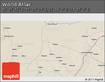 Shaded Relief 3D Map of the Area around 15° 58' 32" S, 27° 16' 29" E