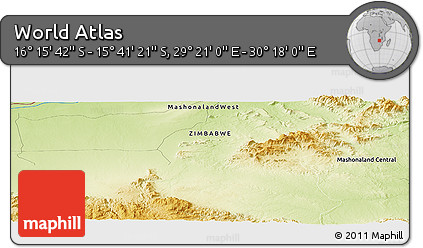 Physical Panoramic Map of the Area around 15° 58' 32" S, 29° 49' 30" E