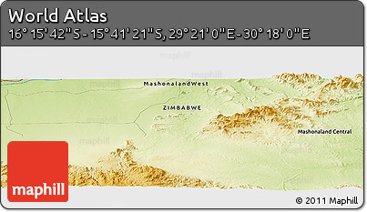 Physical Panoramic Map of the Area around 15° 58' 32" S, 29° 49' 30" E