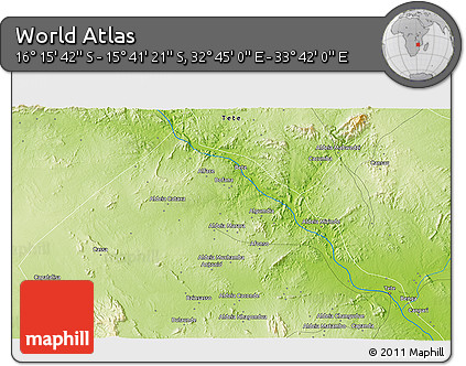 Physical 3D Map of the Area around 15° 58' 32" S, 33° 13' 30" E