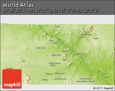 Physical 3D Map of the Area around 15° 58' 32" S, 33° 13' 30" E