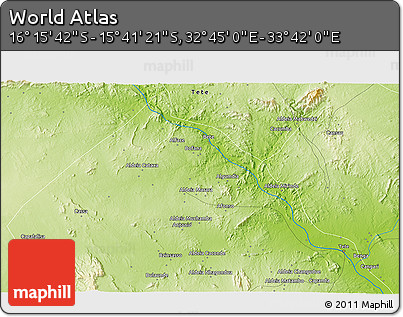 Physical 3D Map of the Area around 15° 58' 32" S, 33° 13' 30" E
