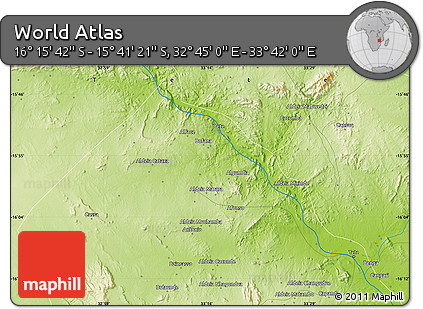 Physical Map of the Area around 15° 58' 32" S, 33° 13' 30" E
