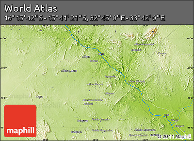 Physical Map of the Area around 15° 58' 32" S, 33° 13' 30" E