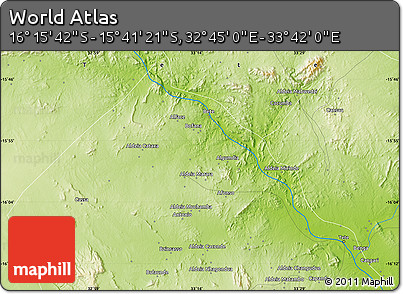 Physical Map of the Area around 15° 58' 32" S, 33° 13' 30" E