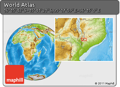 Physical Location Map of the Area around 15° 58' 32" S, 35° 46' 29" E