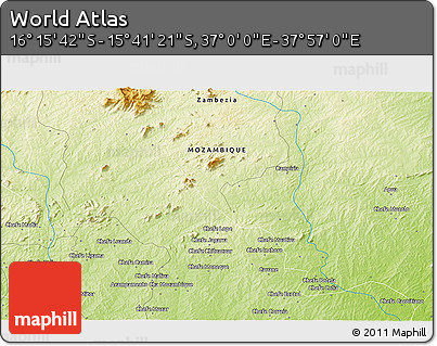 Physical 3D Map of the Area around 15° 58' 32" S, 37° 28' 30" E