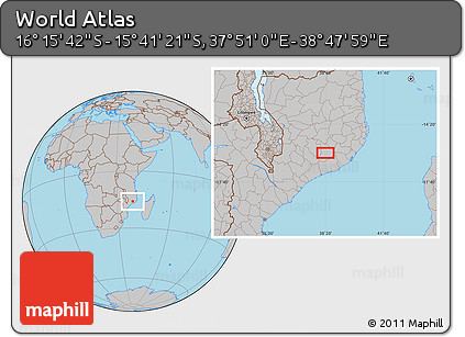 Gray Location Map of the Area around 15° 58' 32" S, 38° 19' 30" E