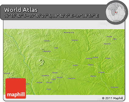 Physical 3D Map of the Area around 15° 58' 32" S, 39° 10' 29" E