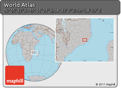 Gray Location Map of the Area around 15° 58' 32" S, 39° 10' 29" E