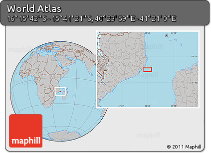 Gray Location Map of the Area around 15° 58' 32" S, 40° 52' 30" E