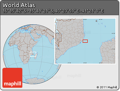 Gray Location Map of the Area around 15° 58' 32" S, 40° 52' 30" E