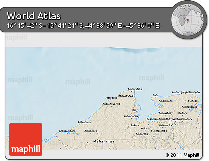 Shaded Relief 3D Map of the Area around 15° 58' 32" S, 45° 7' 30" E