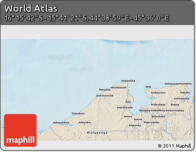 Shaded Relief 3D Map of the Area around 15° 58' 32" S, 45° 7' 30" E