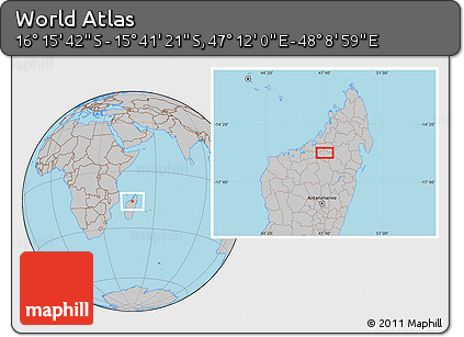 Gray Location Map of the Area around 15° 58' 32" S, 47° 40' 29" E