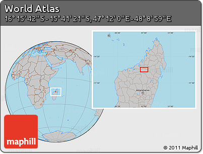 Gray Location Map of the Area around 15° 58' 32" S, 47° 40' 29" E