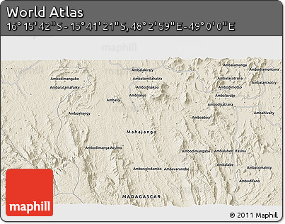 Shaded Relief 3D Map of the Area around 15° 58' 32" S, 48° 31' 29" E