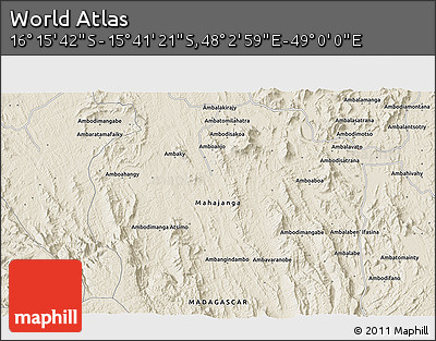 Shaded Relief 3D Map of the Area around 15° 58' 32" S, 48° 31' 29" E