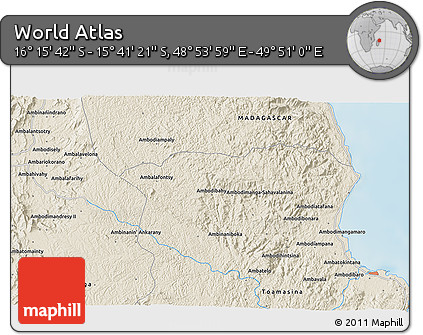 Shaded Relief 3D Map of the Area around 15° 58' 32" S, 49° 22' 30" E