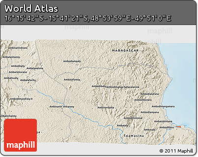 Shaded Relief 3D Map of the Area around 15° 58' 32" S, 49° 22' 30" E