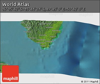 Satellite 3D Map of the Area around 15° 58' 32" S, 50° 13' 30" E