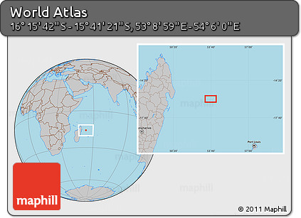 Gray Location Map of the Area around 15° 58' 32" S, 53° 37' 30" E