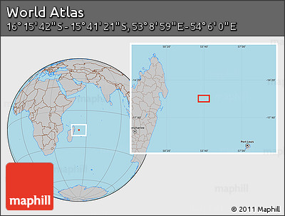 Gray Location Map of the Area around 15° 58' 32" S, 53° 37' 30" E