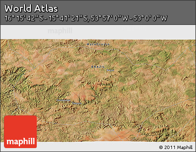 Satellite 3D Map of the Area around 15° 58' 32" S, 53° 28' 30" W